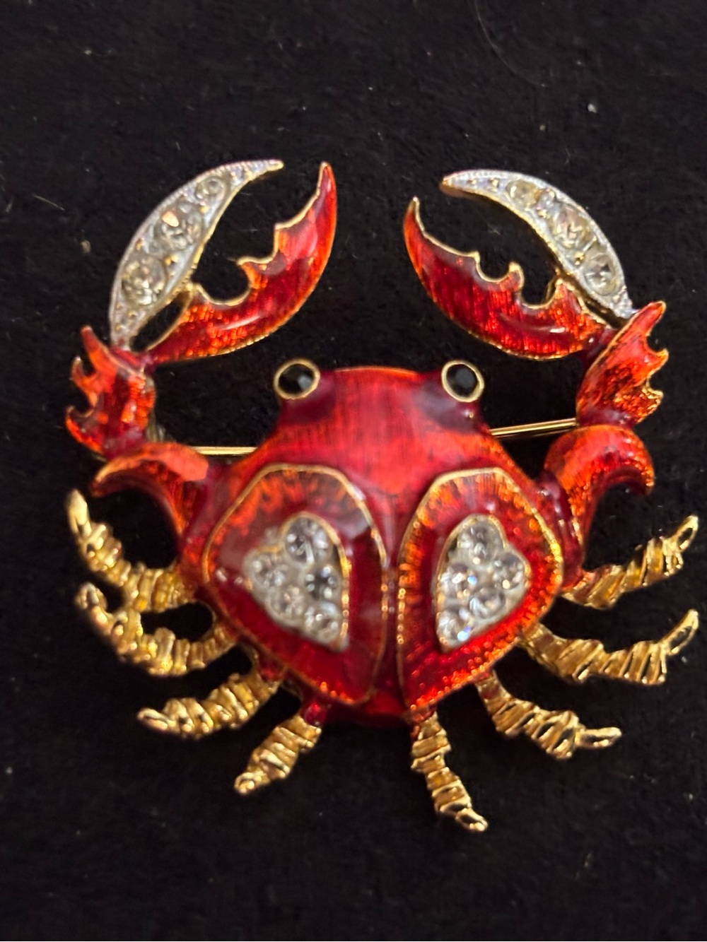 Red Enamel Crab Brooch Pin with Crystal Accents